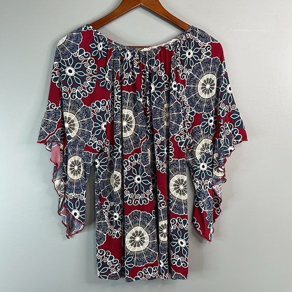 Espresso Asymmetrical Blue and Red Blouse 3/4 Sleeve - Picture 7 of 11